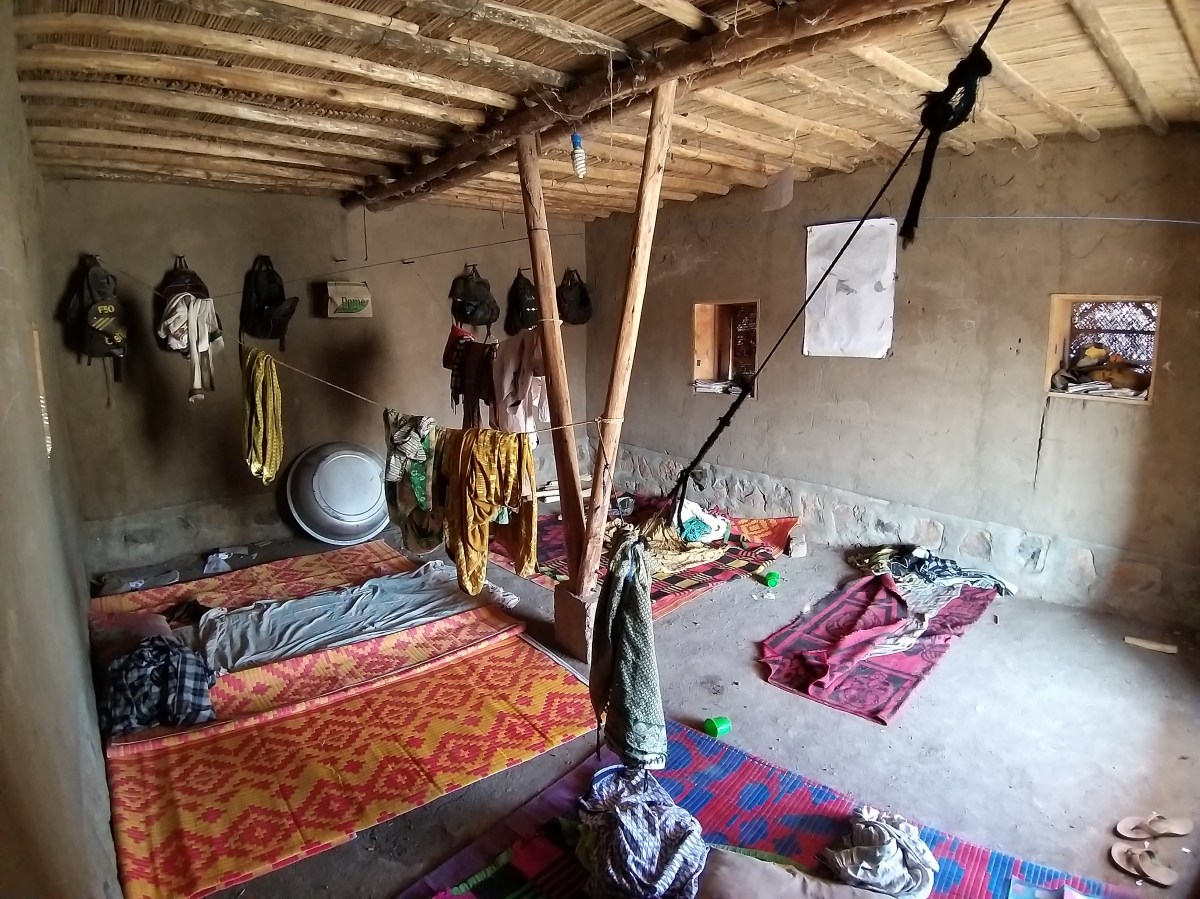 Sleeping mats and belongings in a student room
